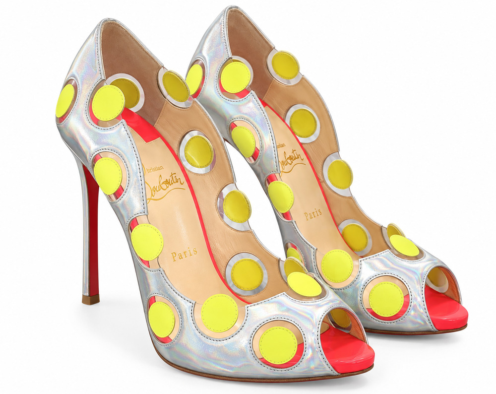 Christian Louboutin Lady Bug Silver Metallic Polka Dot Peep Toe Heels 39.5 NIB